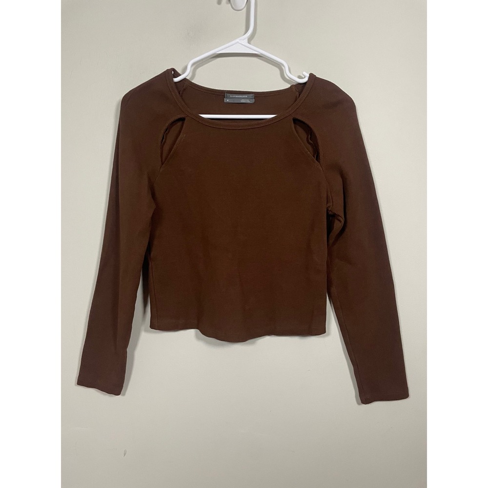 Anthropologie Ribbed Cutout Chocolate‎ Brown Long Sleeve Top Size Medium